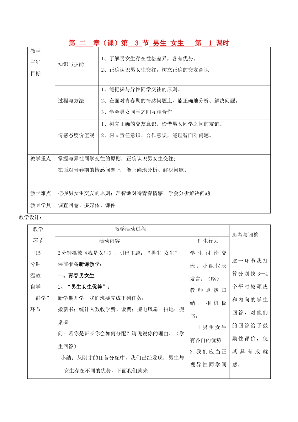 八年级政治上册 第二单元 男生，女生教学设计 新人教版_第1页