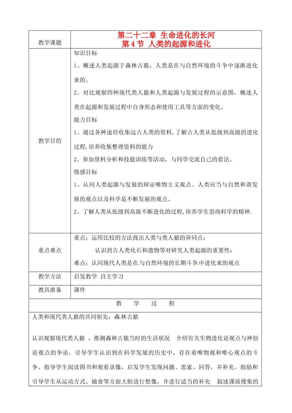 江苏省苏州市第二十六中学八年级生物 22.4《人类的起源和进化》教案_第1页