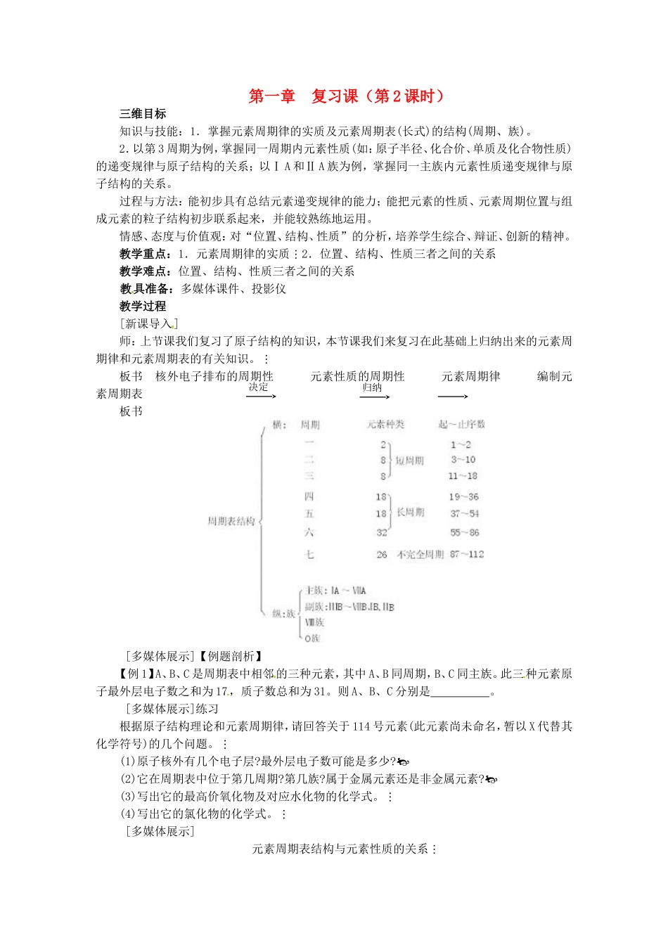 高中化学全套教案：第一章《物质结构 元素周期律》复习课三维目标教学案（第2课时）人教必修2_第1页