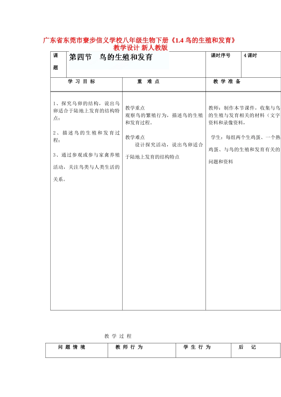 广东省东莞市寮步信义学校八年级生物下册《1.4 鸟的生殖和发育》教学设计 新人教版_第1页