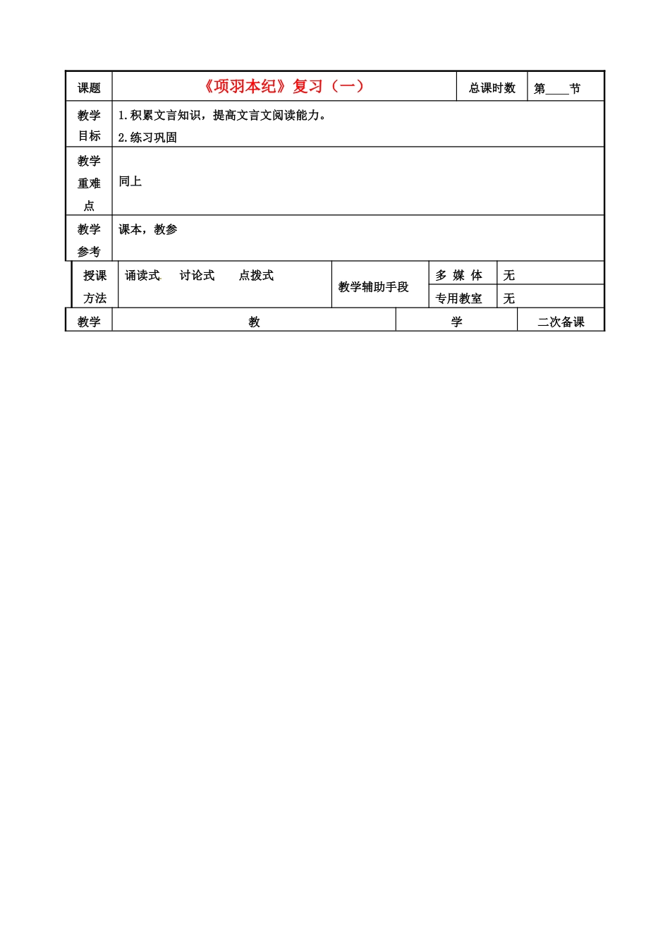 高中语文 项羽本纪教案1 苏教版选修《史记选读》-苏教版高二选修语文教案_第1页