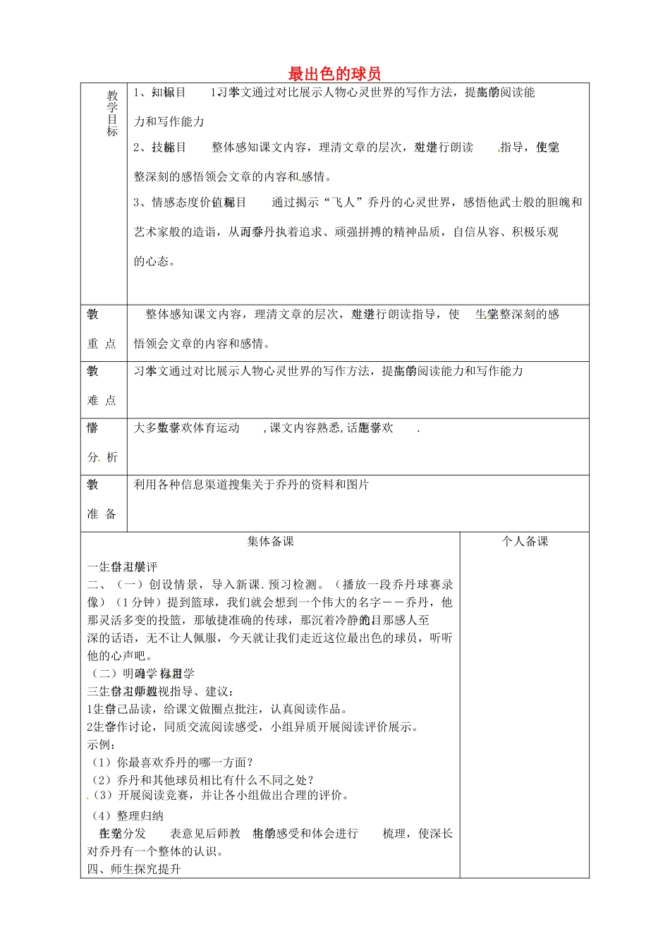 山东省淄博市临淄区第八中学七年级语文上册《第13课 最出色的球员》教案 鲁教版五四制_第1页