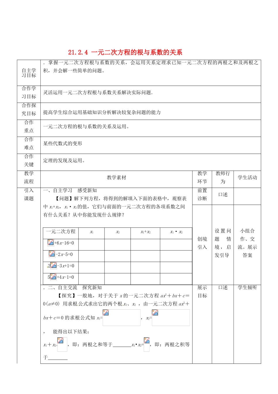 湖北省宜都市红花套镇初级中学九年级数学上册 21.2.4 一元二次方程的根与系数的关系教案 （新版）新人教版_第1页