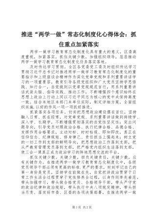 推进“两学一做”常态化制度化心得体会：抓住重点加紧落实