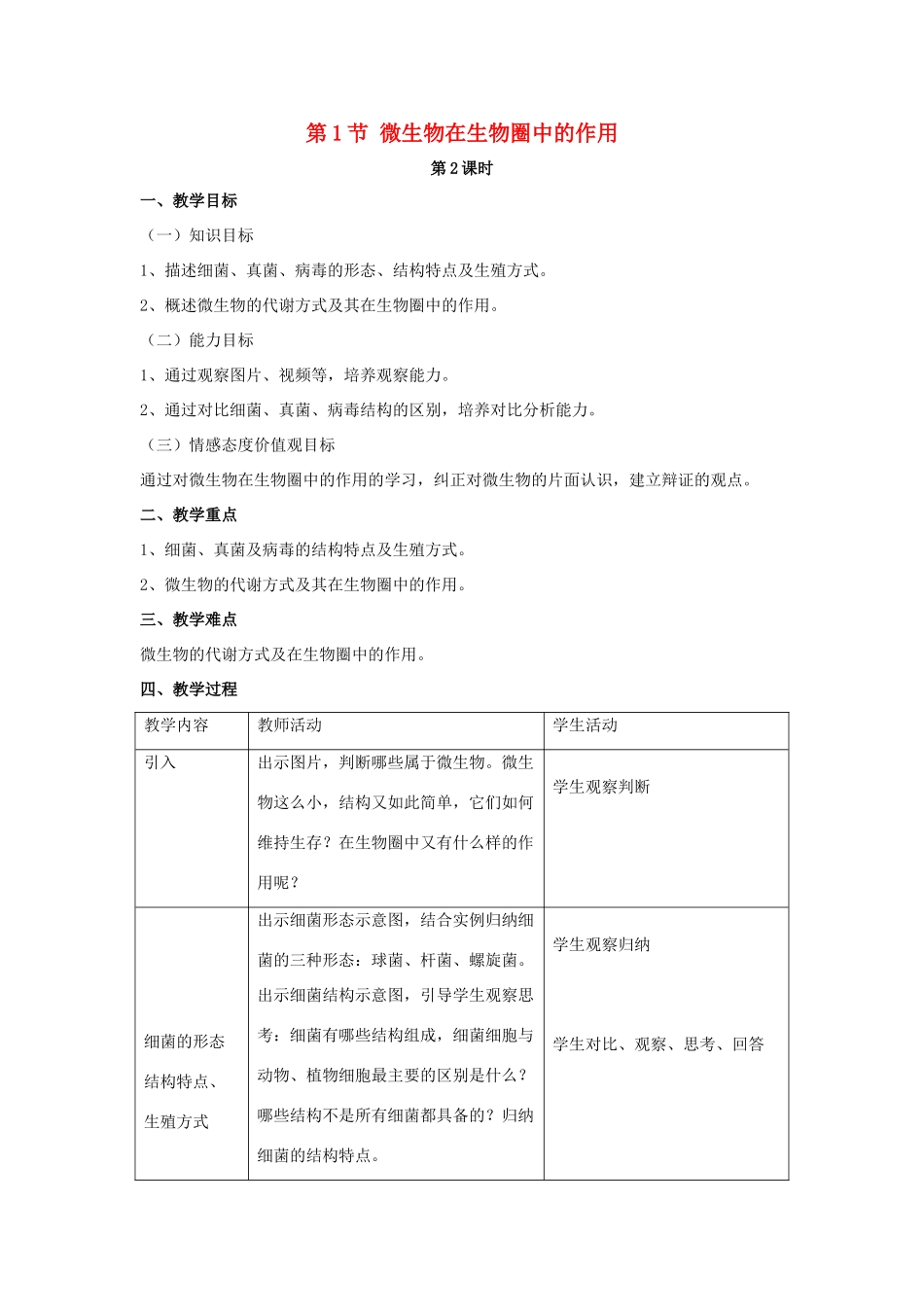 八年级生物上册 第18章 第1节 微生物在生物圈中的作用教案2 （新版）北师大版_第1页