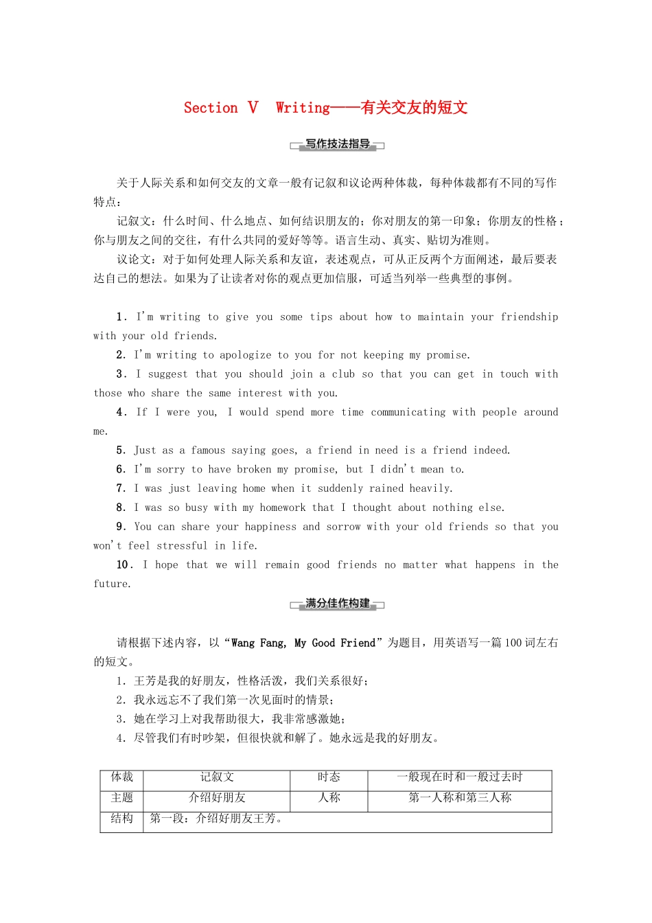 高中英语 Module 3 Interpersonal Relationships—Friendship Section Ⅴ Writing——有关交友的短文教案（含解析）外研版选修6-外研版高二选修6英语教案_第1页