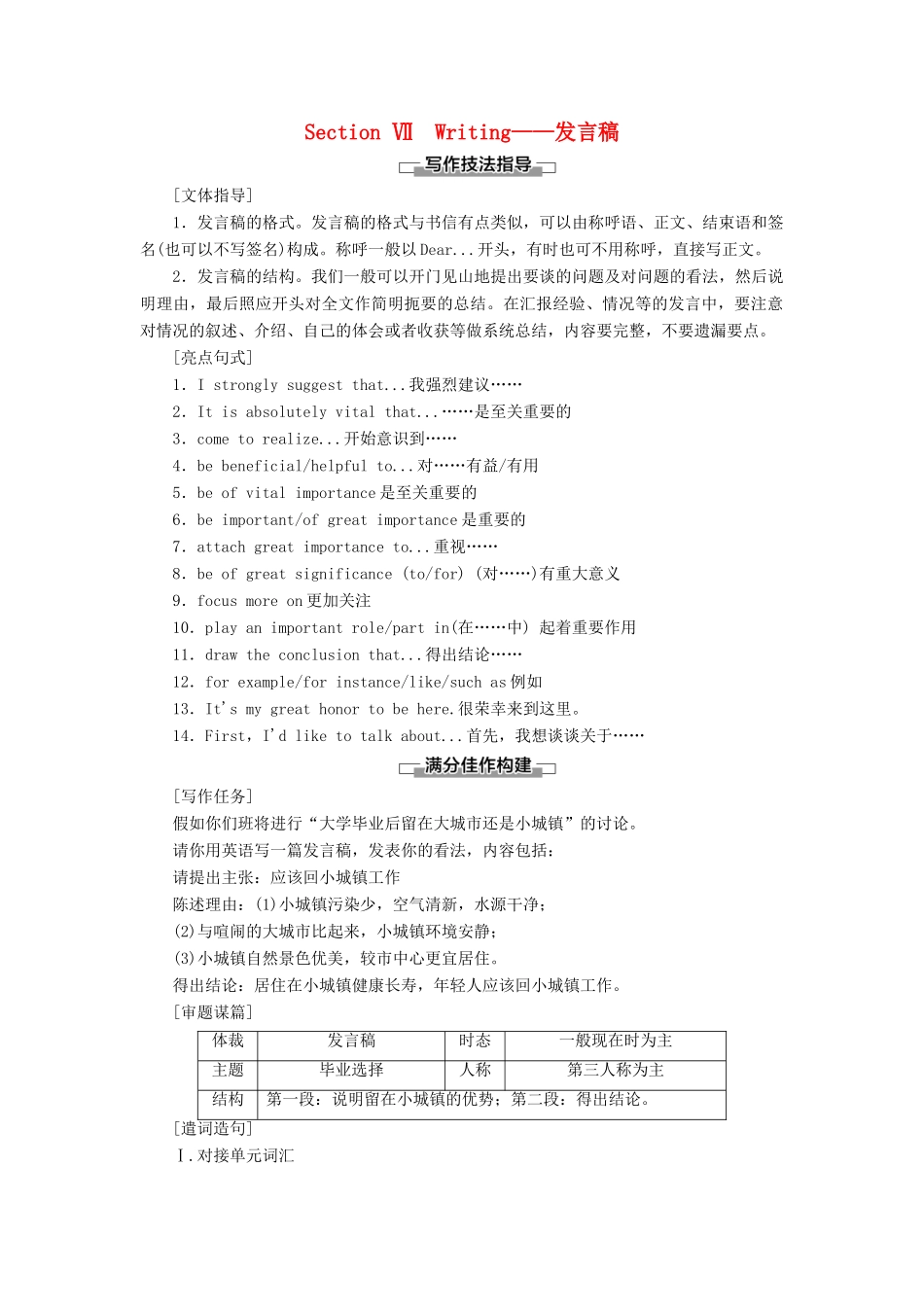 高中英语 Unit 15 Learning Section Ⅶ Writing——发言稿讲义 北师大版必修5-北师大版高二必修5英语教案_第1页