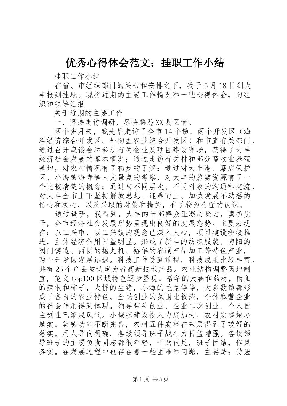 优秀心得体会范文：挂职工作小结_第1页