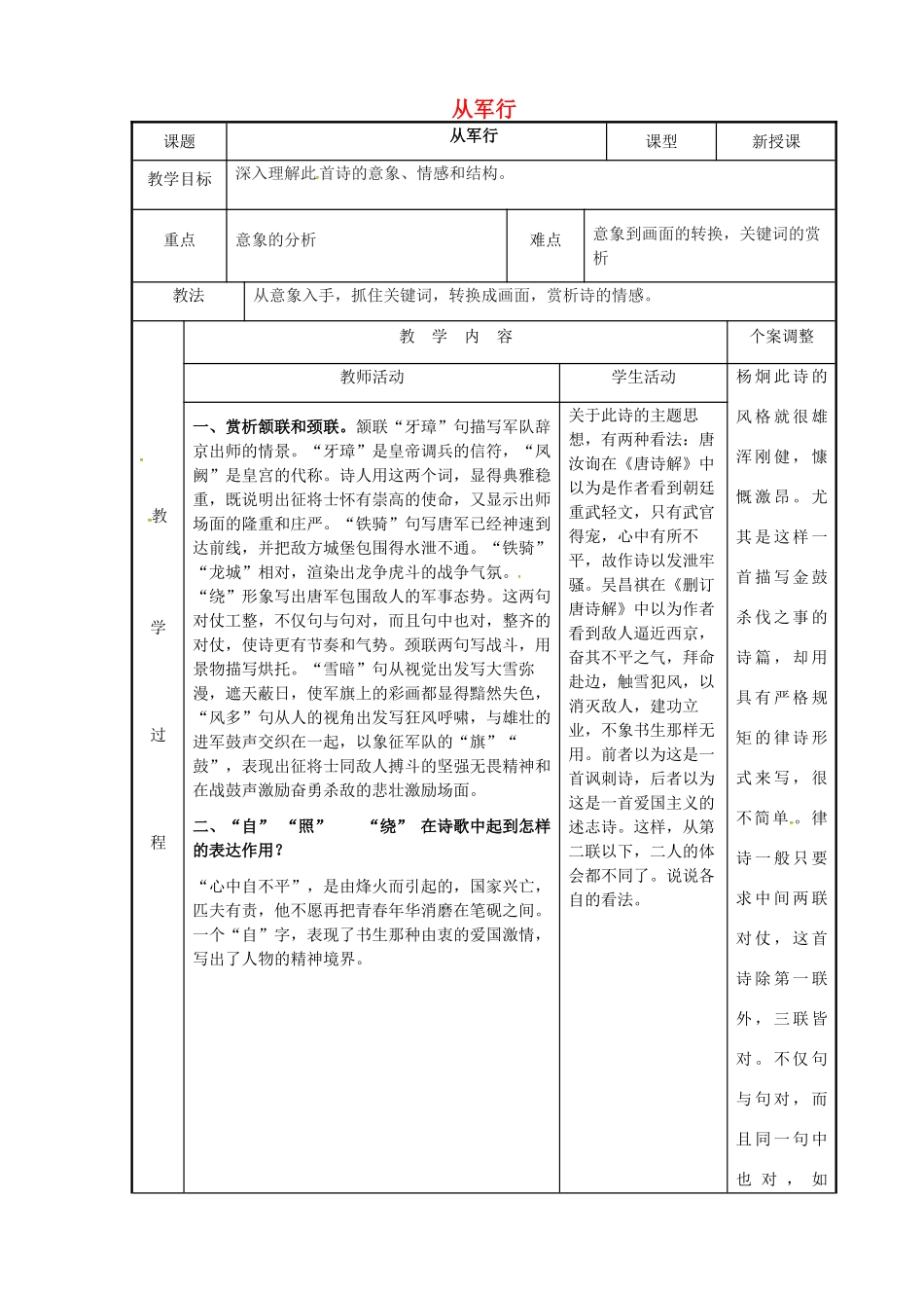 高中语文 专题一 从军行教案 苏教版选修《唐诗宋词选读》-苏教版高二《唐诗宋词选读》语文教案_第1页