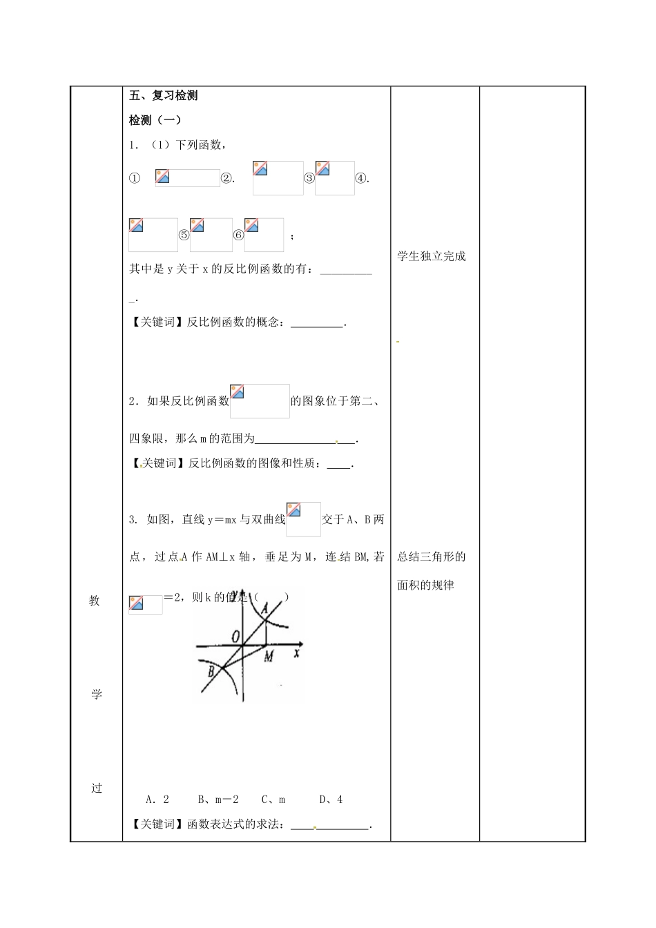 江苏省徐州市新沂市踢球山乡八年级数学下册 第十一章 反比例函数小结与思考（1）教案 （新版）苏科版-（新版）苏科版初中八年级下册数学教案_第2页