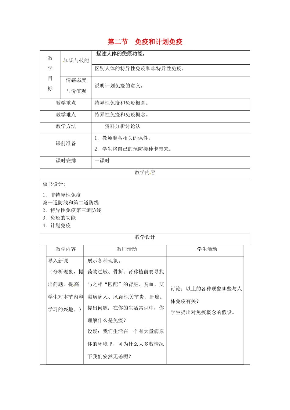 福建省厦门市集美区灌口中学八年级生物下册 免疫和计划免疫教案 新人教版_第1页