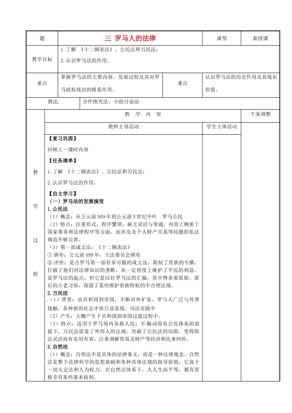 高中历史 专题六 古代希腊、罗马的政治文明 第19课 罗马人的法律教案 人民版必修1-人民版高一必修1历史教案_第1页
