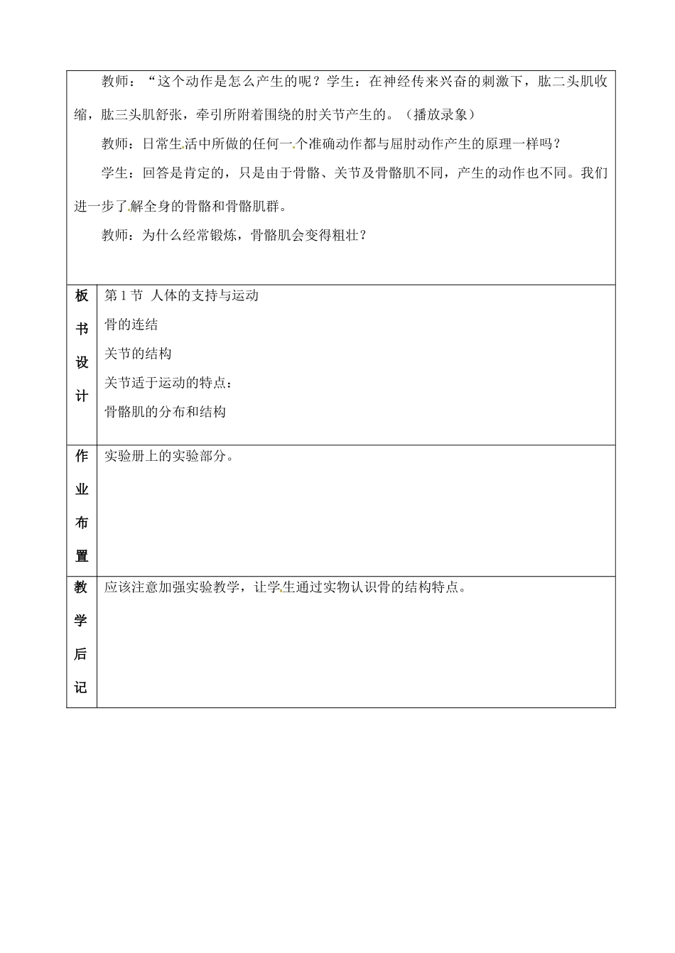 江苏省苏州市第26中学八年级生物 16.1《人体的支持与运动》教案2_第3页