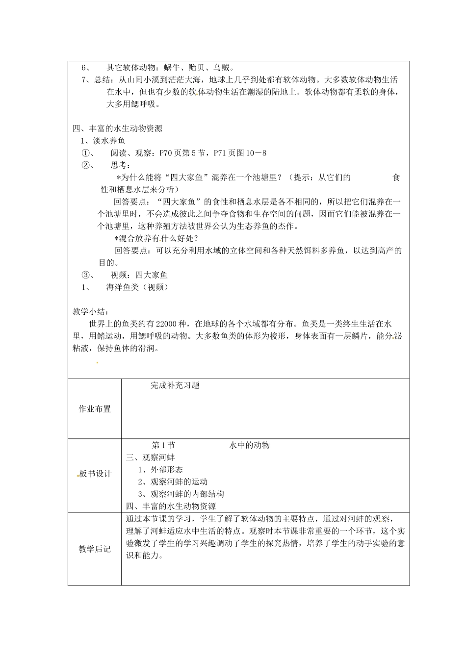 江苏省太仓市第二中学七年级生物下册 10.1 水中的动物教案3 苏科版_第2页
