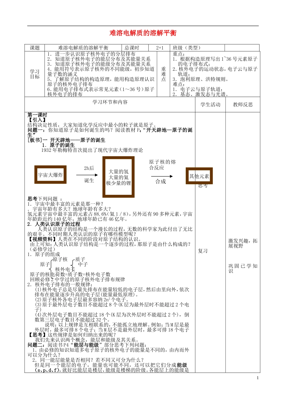 高中化学《难溶电解质的溶解平衡》教学设计1 新人教版选修4-新人教版高二选修4化学教案_第1页