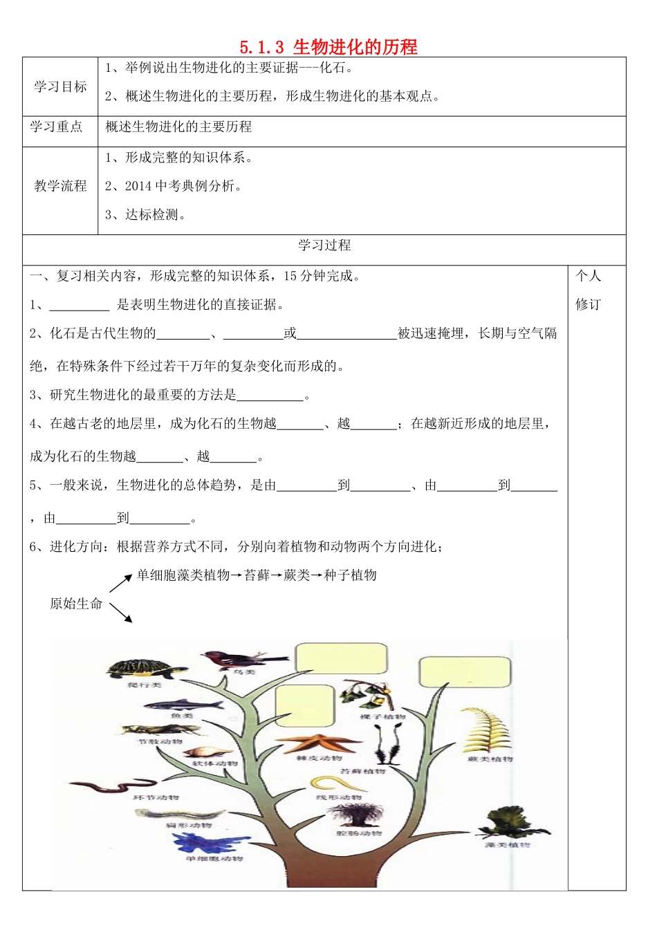 八年级生物下册 5.1.3 生物进化的历程导学案（无答案）（新版）济南版_第1页