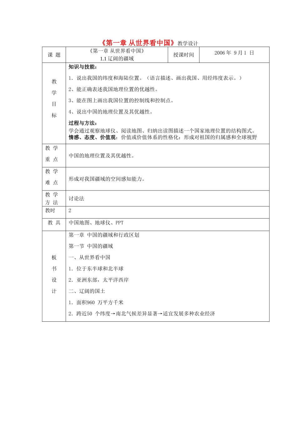 八年级地理第一章第一节　辽阔的疆域　教案2人教版_第1页