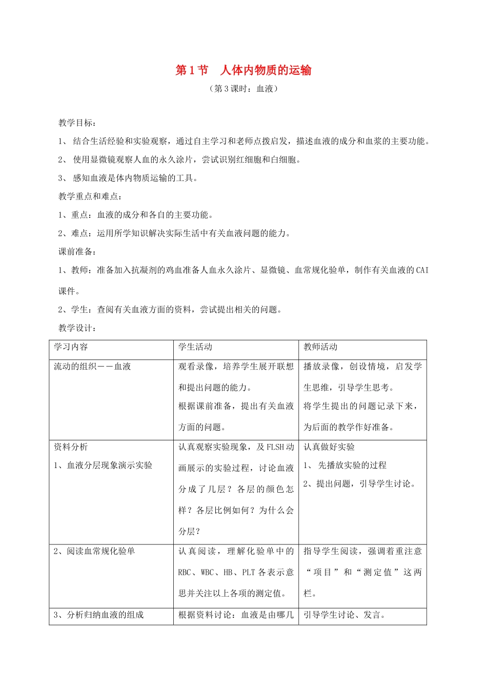 江苏省镇江市八年级生物上册 15.1 人体内物质的运输教学设计3 （新版）苏科版-（新版）苏科版初中八年级上册生物教案_第1页