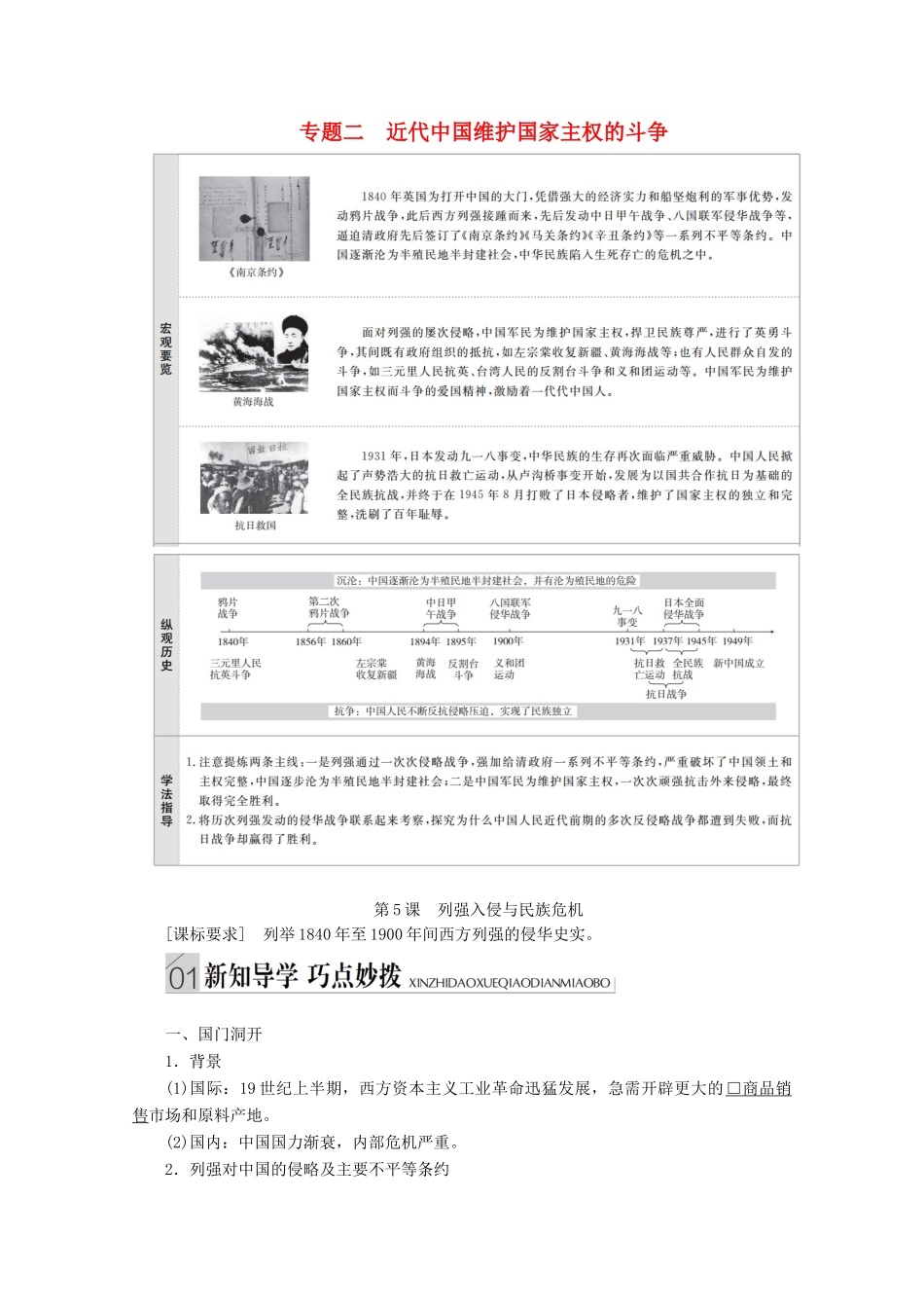 高中历史 专题二 近代中国维护国家主权的斗争 第5课 列强入侵与民族危机讲义 人民版必修1-人民版高一必修1历史教案_第1页