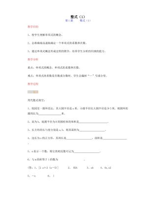 江苏省金湖县实验中学中考数学 整式（第一课时）复习教案 新人教版