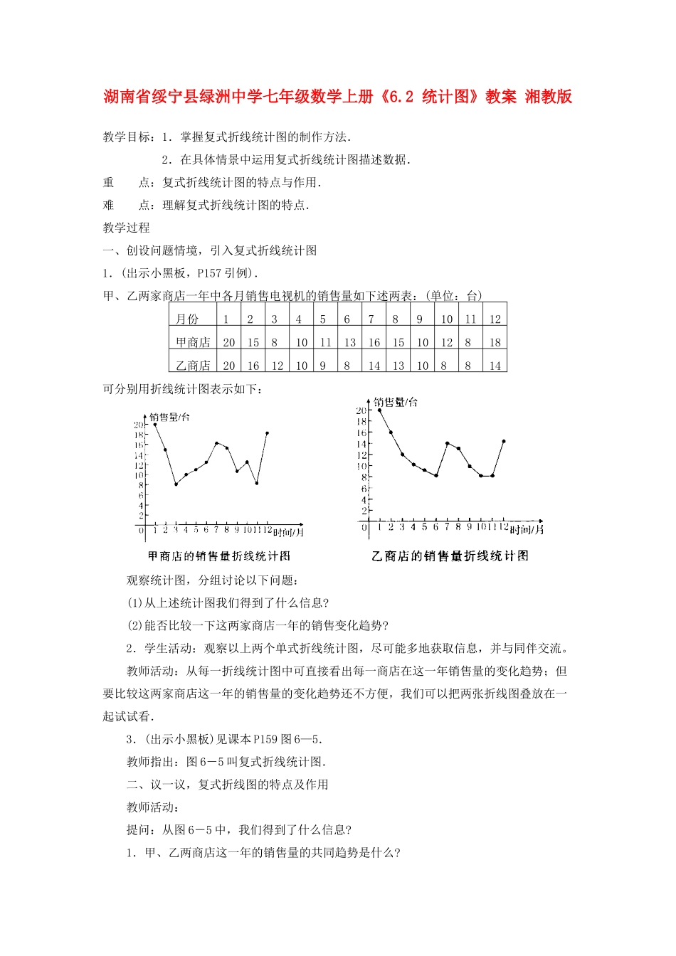湖南省绥宁县绿洲中学七年级数学上册《6.2 统计图》教案 湘教版_第1页
