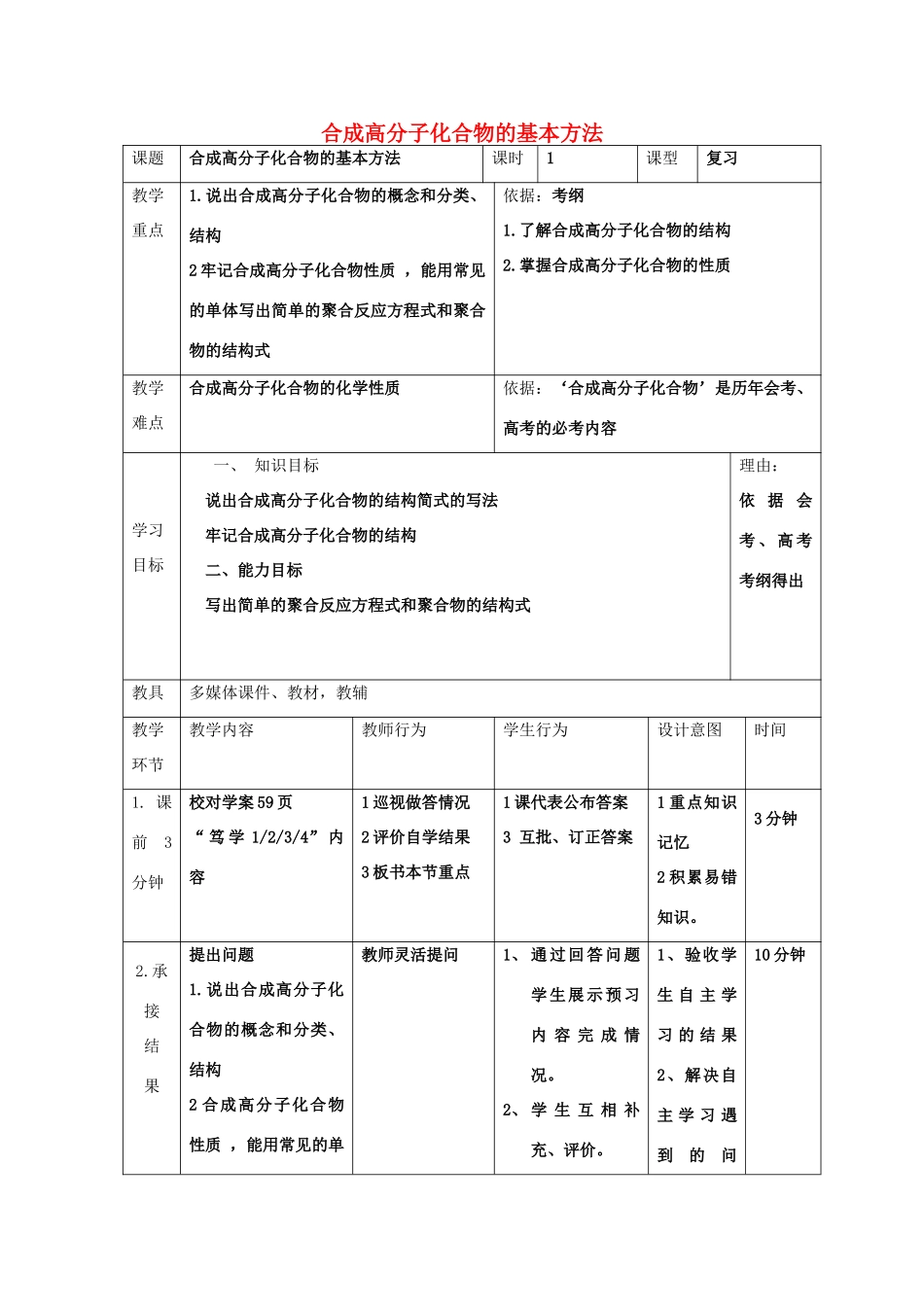 高中化学 第五章 进入合成有机高分子化合物的时代 5.1 合成高分子化合物的基本方法复习课教案 新人教版选修5-新人教版高二选修5化学教案_第1页