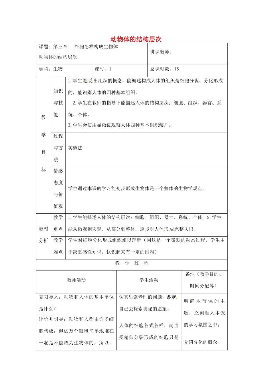 吉林省四平市第十七中学七年级生物上册 动物体的结构层次教案1 新人教版_第1页