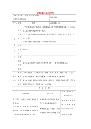 吉林省四平市第十七中学七年级生物上册 动物体的结构层次教案1 新人教版