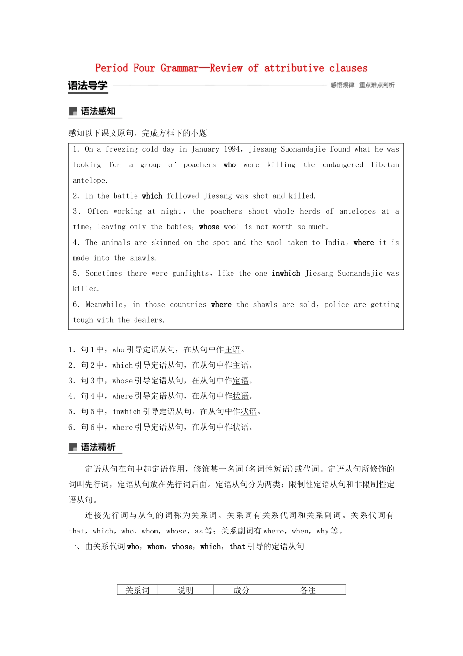 高中英语 Module 6 Animals in danger Period Four Grammar—Review of attributive clauses教案（含解析）外研版必修5-外研版高二必修5英语教案_第1页