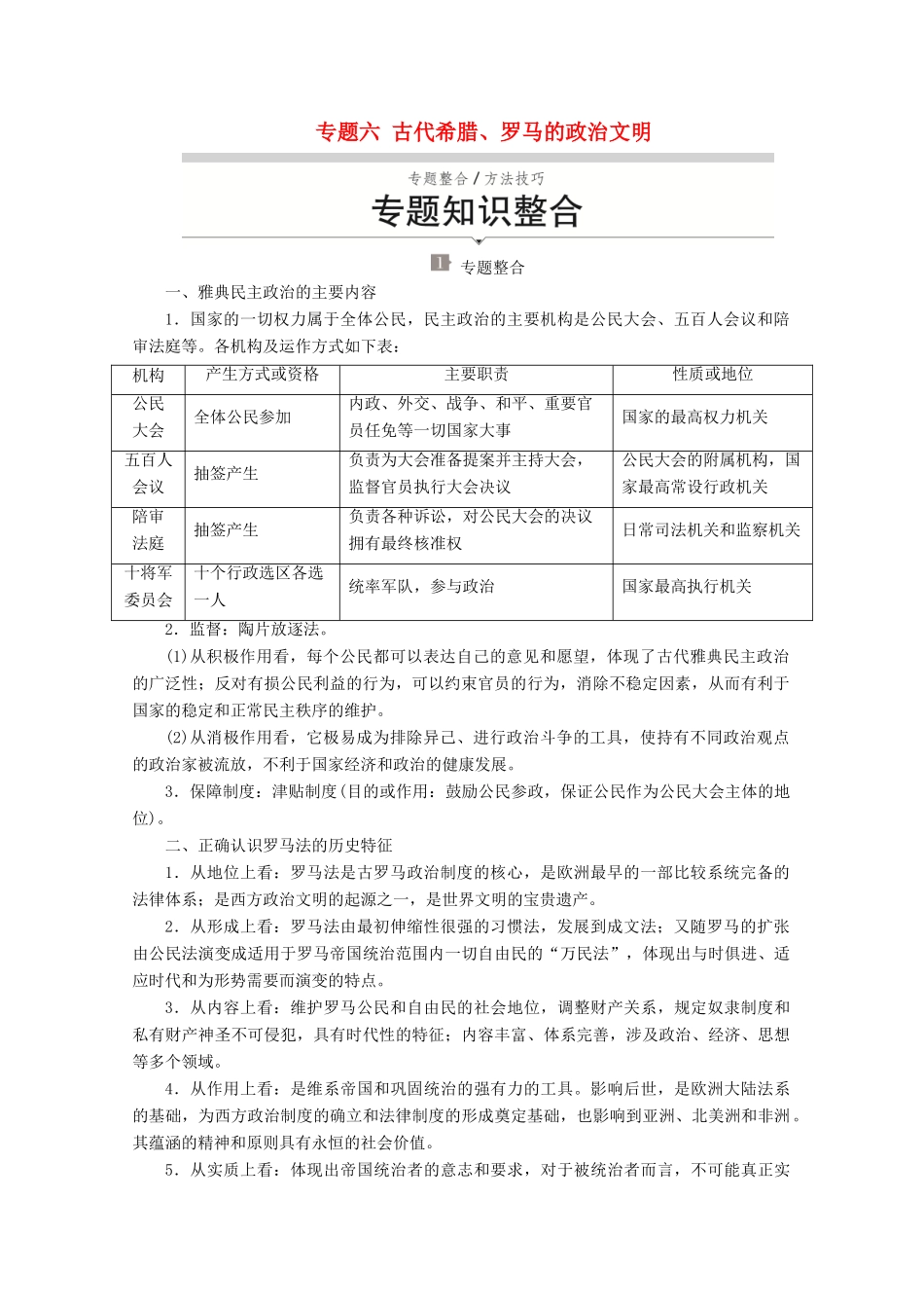 高中历史 专题六 古代希腊、罗马的政治文明专题知识整合讲义 人民版必修1-人民版高一必修1历史教案_第1页