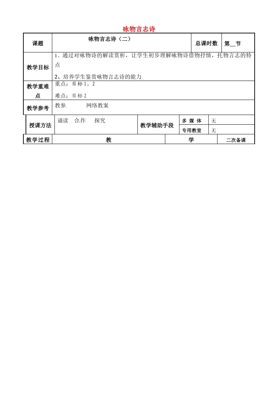 高中语文 咏物言志教案2 苏教版-苏教版高二全册语文教案_第1页