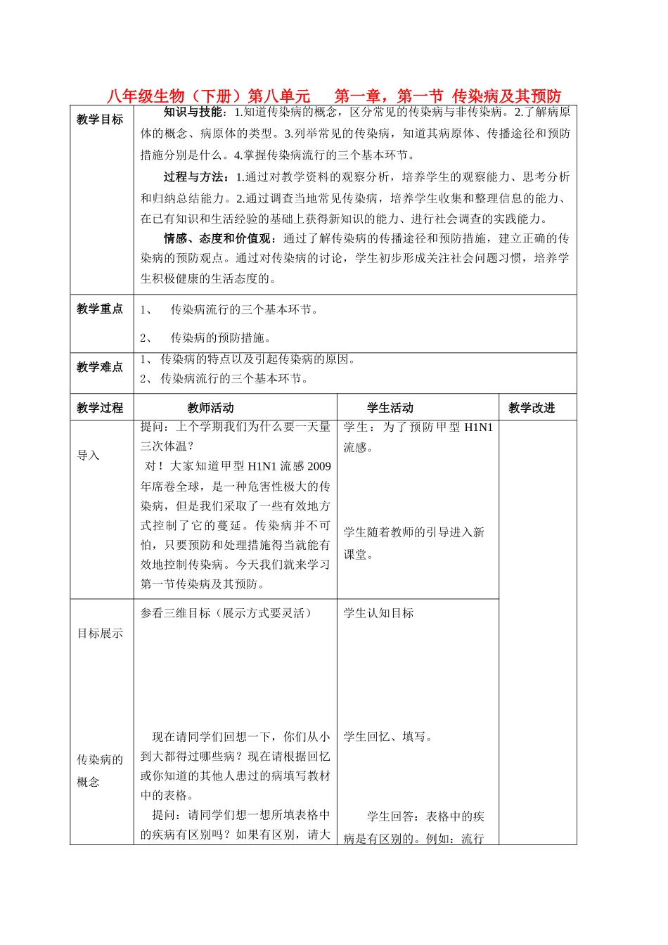 八年级生物下册8.1.1传染病及其预防教案人教新课标版_第1页