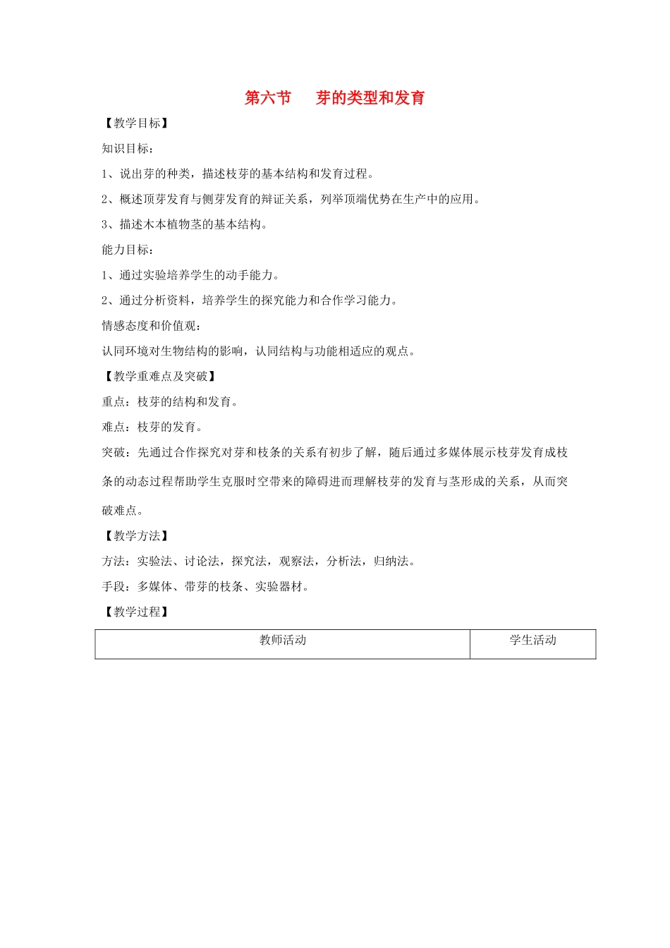 八年级生物上册 4.1.6《芽的类型和发育》教案 （新版）济南版-（新版）济南版初中八年级上册生物教案_第1页