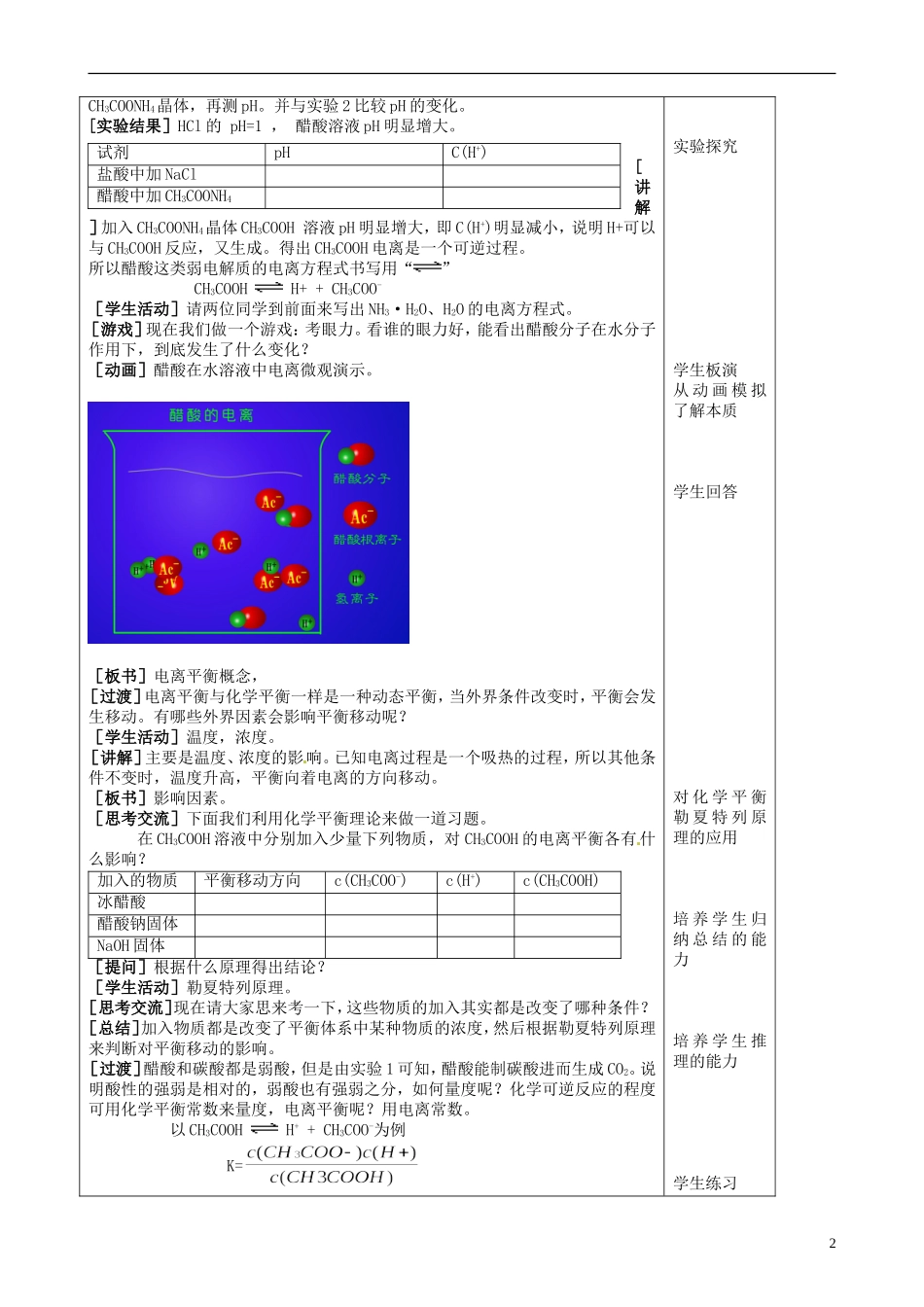 高中化学《弱电解质的电离》表格版教案 新人教版选修3_第2页
