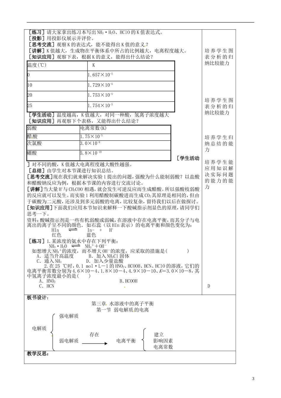高中化学《弱电解质的电离》表格版教案 新人教版选修3_第3页