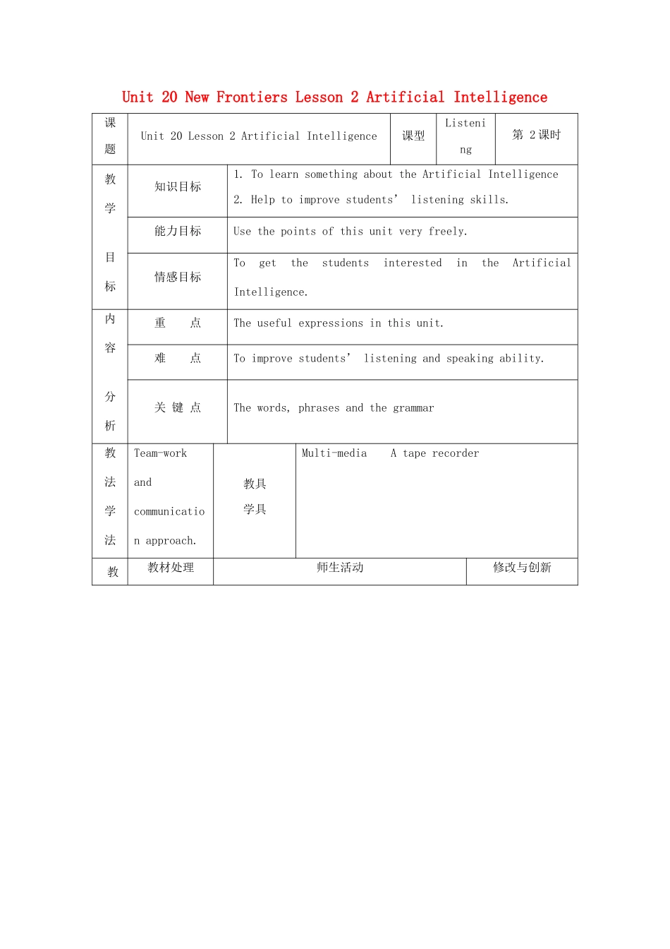 高中英语 Unit 20 New Frontiers Lesson 2 Artificial Intelligence教案 北师大版选修7-北师大版高二选修7英语教案_第1页