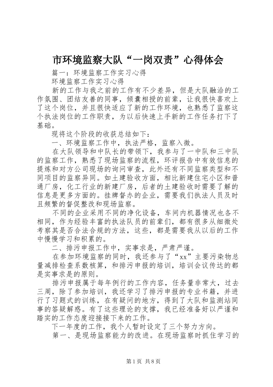 市环境监察大队“一岗双责”心得体会_第1页