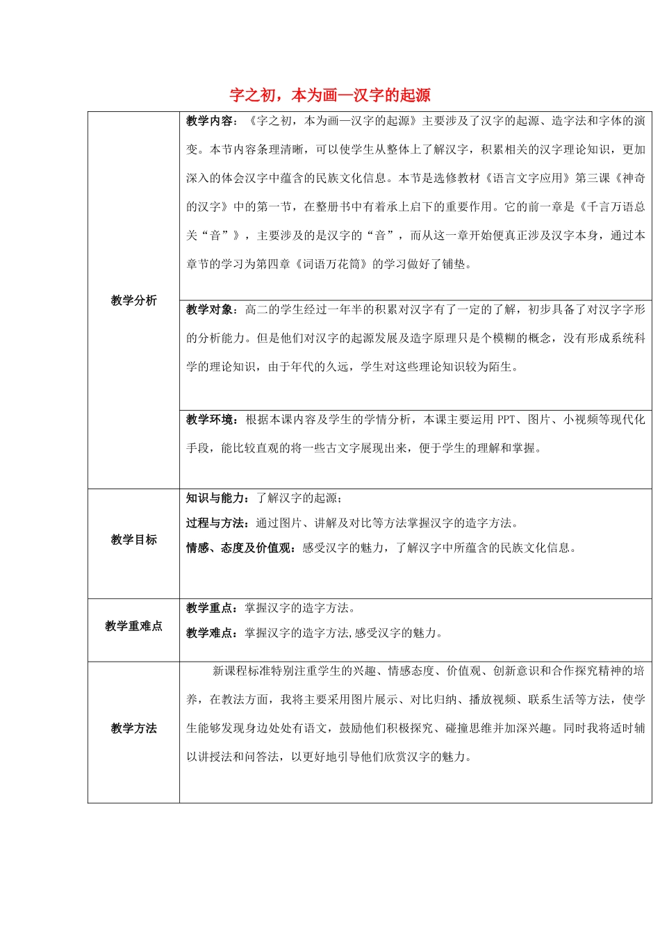 高中语文 第三课 第1节 字之初，本为画--汉字的起源教案4 新人教版选修《语言文字应用》-新人教版高中《语言文字应用》语文教案_第1页