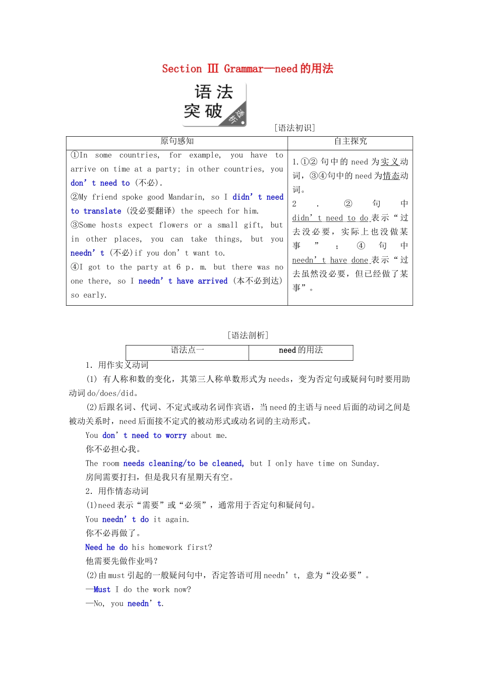 高中英语 Module 1 Small Talk Section Ⅲ Grammar—need的用法教案（含解析）外研版选修6-外研版高二选修6英语教案_第1页
