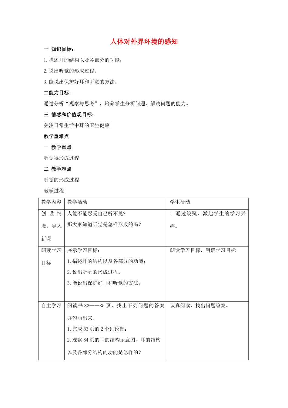 湖南省长沙市长郡芙蓉中学七年级生物下册《4.6.1 人体对外界环境的感知（二）》教案 新人教版_第1页