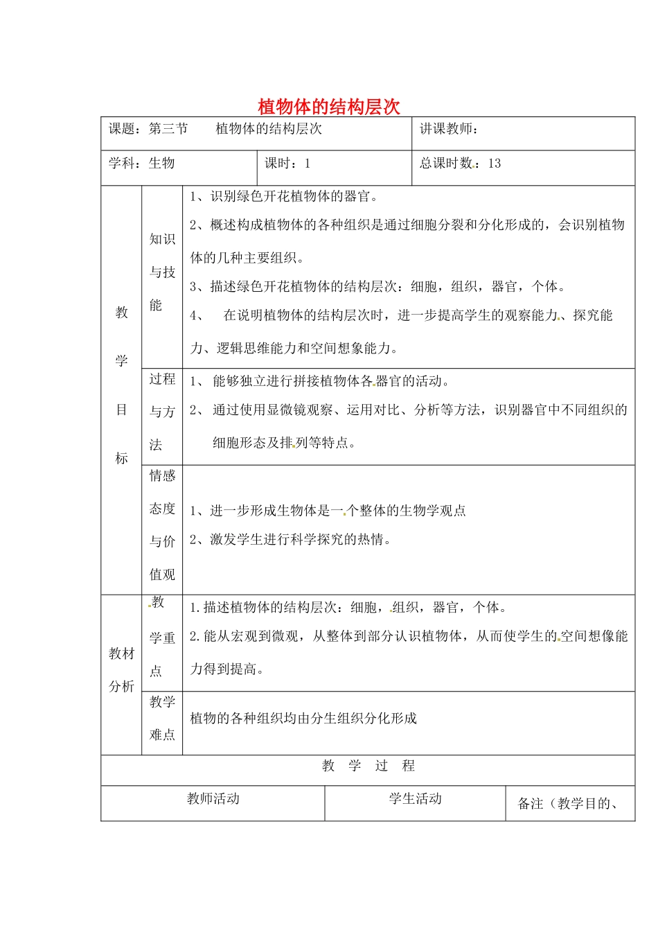 吉林省四平市第十七中学七年级生物上册 植物体的结构层次教案2 新人教版_第1页