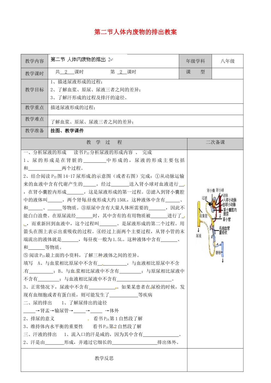 江苏省徐州市黄山外国语学校八年级生物上册 第15章 维持生物体的平衡 第二节人体内废物的排出教案 苏科版_第1页