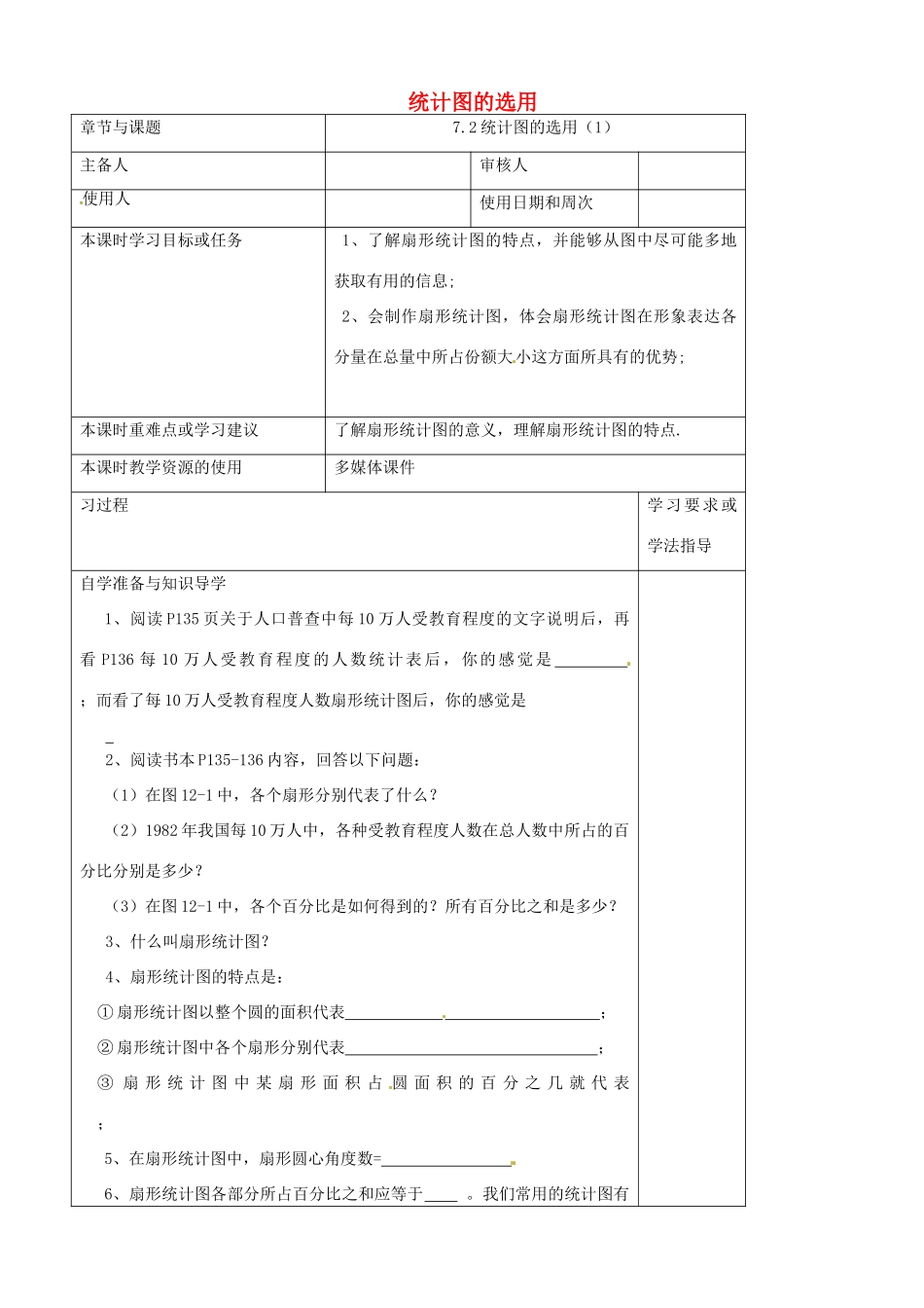 江苏省常熟市杨园中学八年级数学下册 7.2 统计图的选用教案（1） （新版）苏科版_第1页