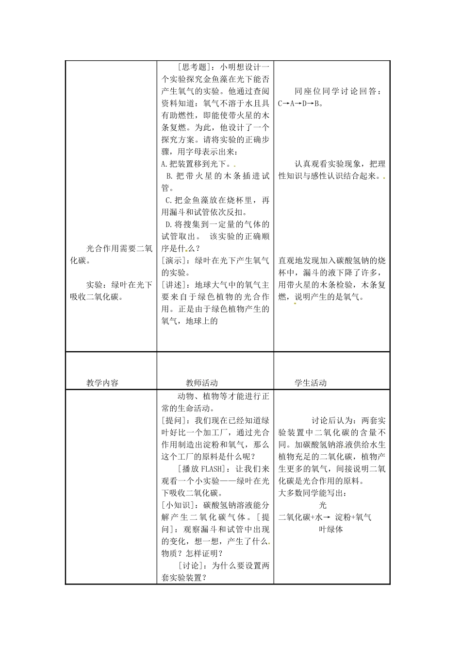 江苏省东台市唐洋镇中学七年级生物上册《6.3 植物光合作用的实质》教案 苏教版_第3页