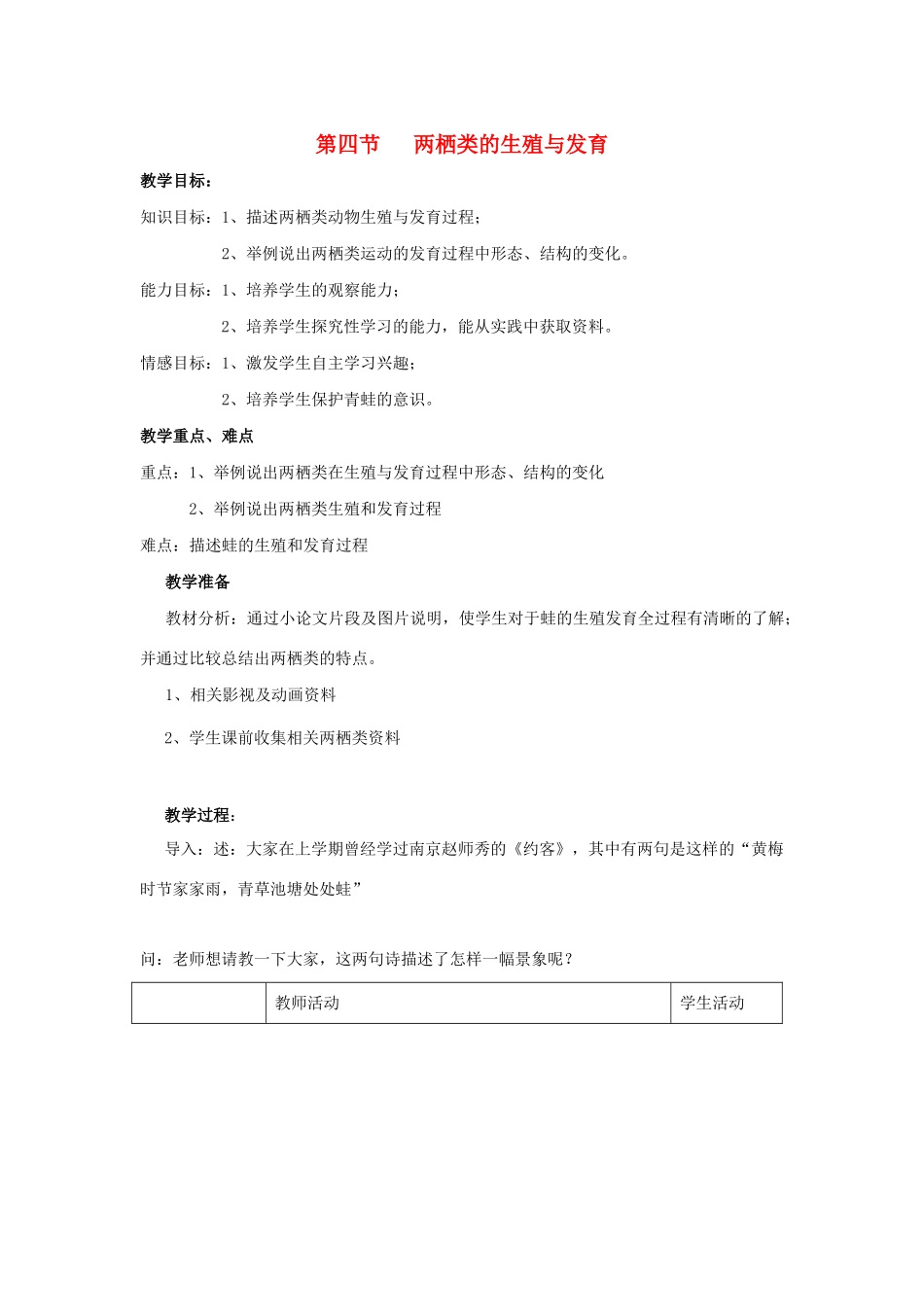 八年级生物下册 第八单元 生物的生殖、发育与遗传 第二十一章 生物的生殖与发育 第四节 两栖类的生殖与发育教案2（新版）苏教版-（新版）苏教版初中八年级下册生物教案_第1页