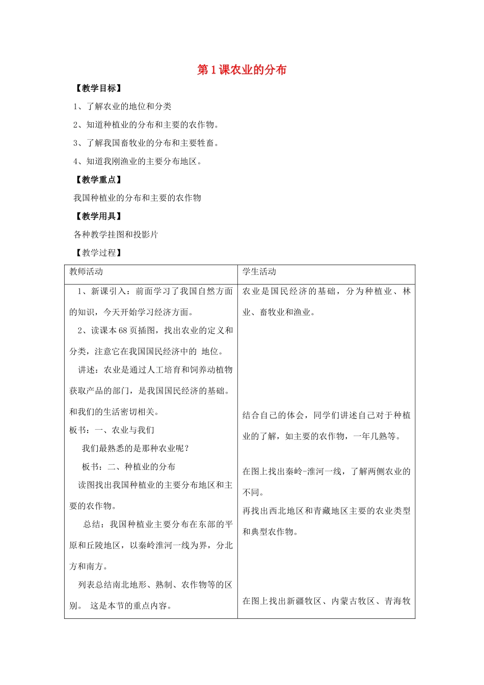八年级地理上册 第四单元第1课农业的分布教案 商务星球版_第1页
