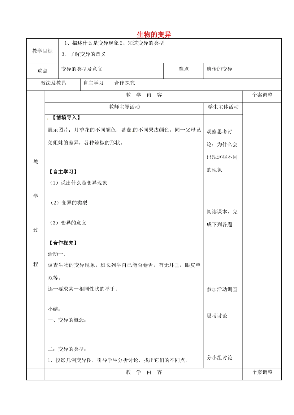 江苏省新沂市八年级生物下册 第7单元 生命的延续与进化 第22章 第2节《生物的变异》教案 （新版）苏科版-（新版）苏科版初中八年级下册生物教案_第1页