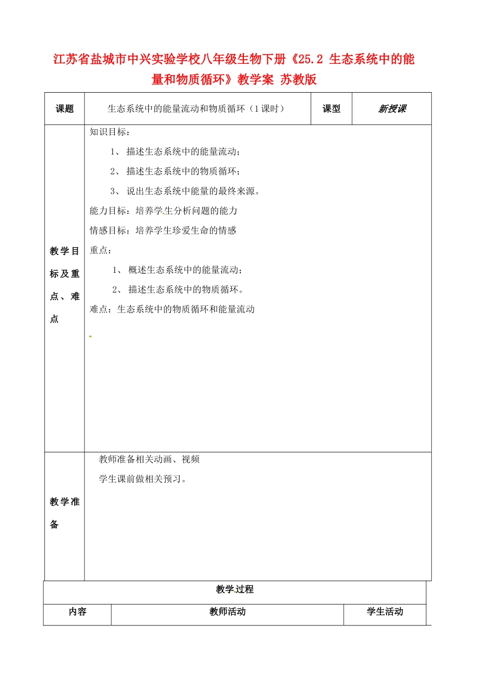 江苏省盐城市中兴实验学校八年级生物下册《25.2 生态系统中的能量和物质循环》教学案 苏教版_第1页