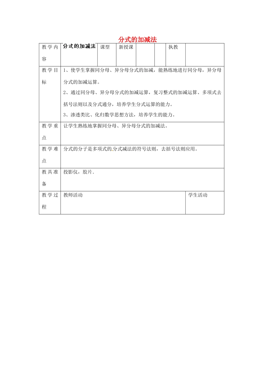 江苏省太仓市浮桥中学八年级数学下册 分式的加减法教案 苏科版_第1页