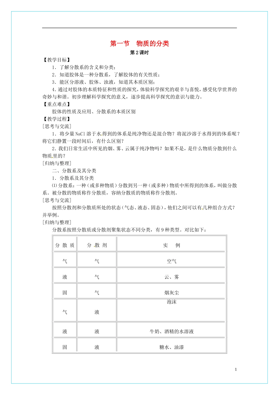 高中化学 2.1《 物质的分类》（第2课时）教学设计 新人教版必修1_第1页